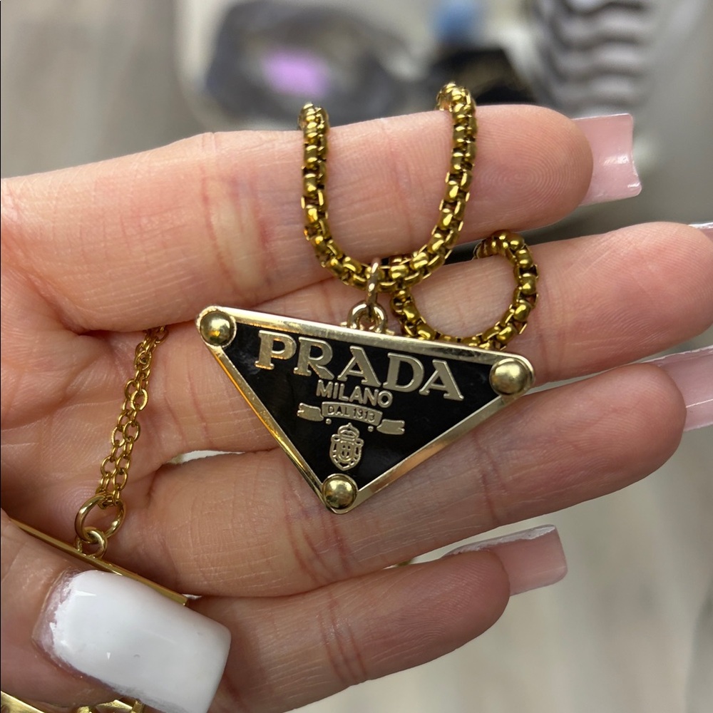 Prada upcycled Gold and Black Triangle Pendant Necklace